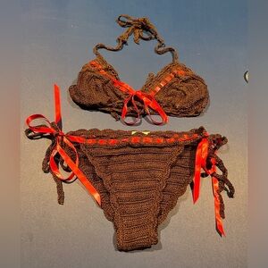 Anna Kosturova Y2K Brown Crochet Pink Ribbon Bikini Boho Hippie Beach